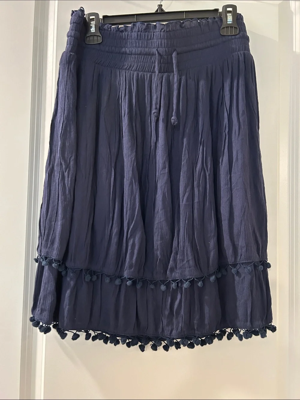new directions Navy Tiered Skirt with Pom-Pom Trim